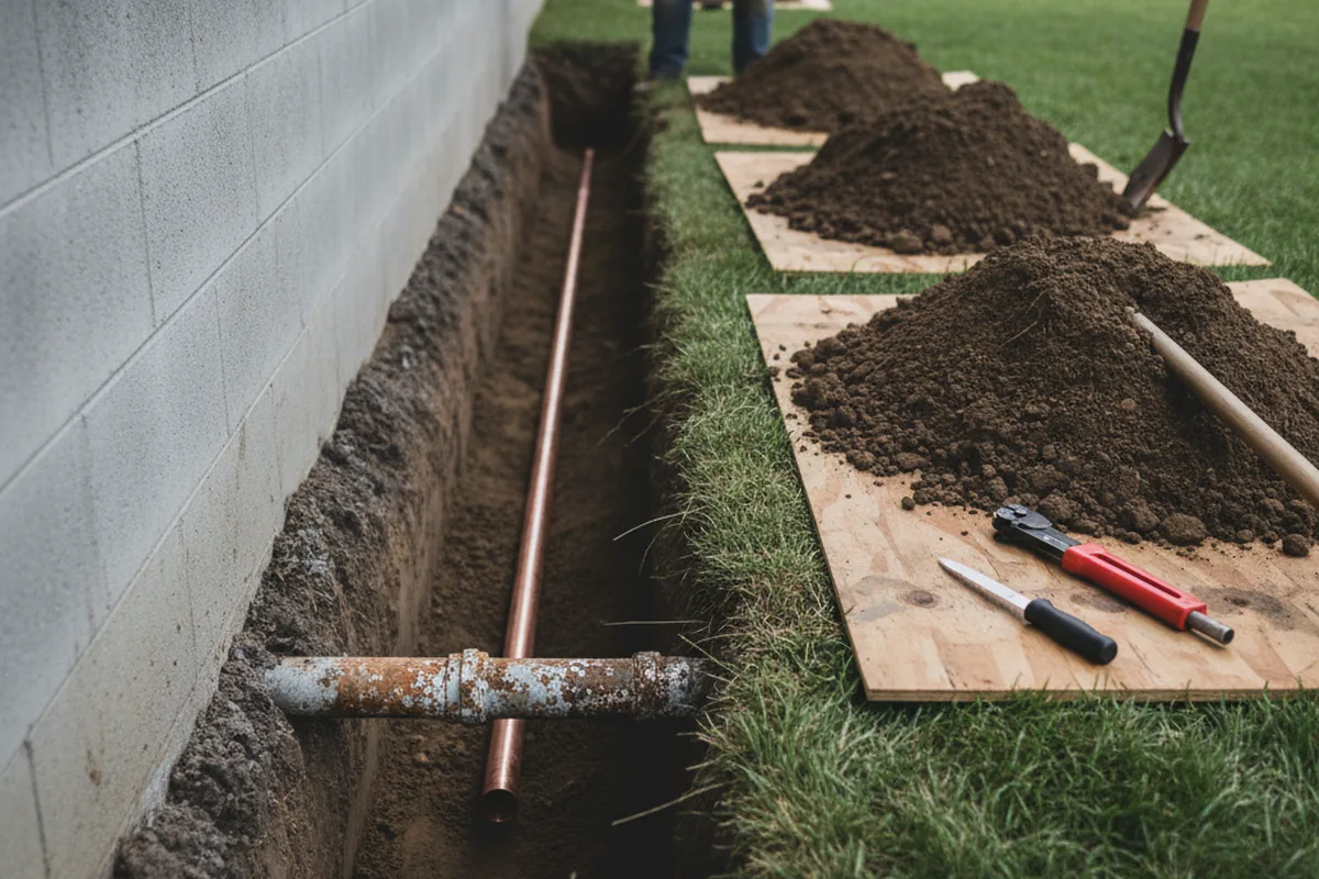 Excavated water line trench during Sewer Line Repair in Louisville